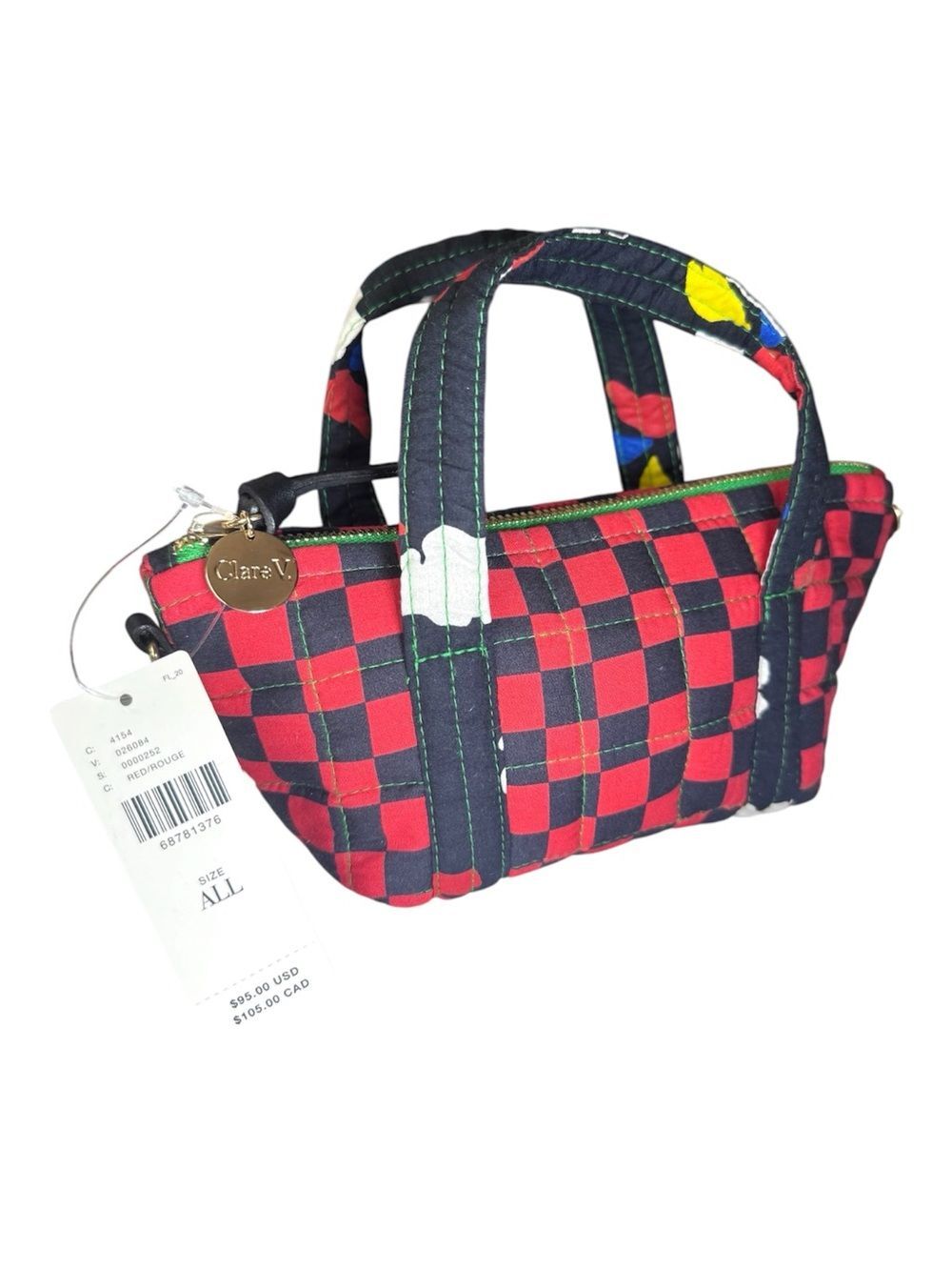 NWT Clare V. Lil Zip Sac Tote Quilted Red Black Checkered Mini Bag Puffer - Picture 4 of 9